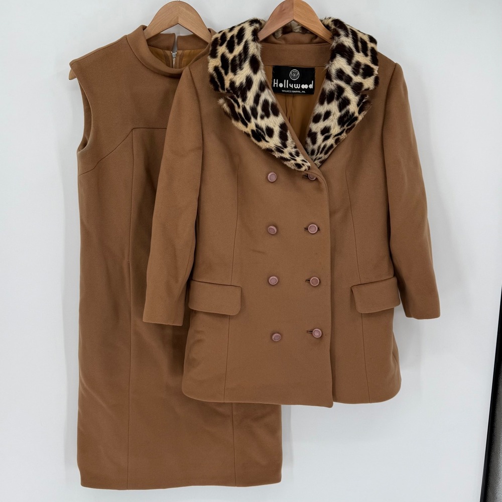 Vintage 60s Hollywood Wool Coat & Dress Set Leopard Fur Collar Camel Brown 12